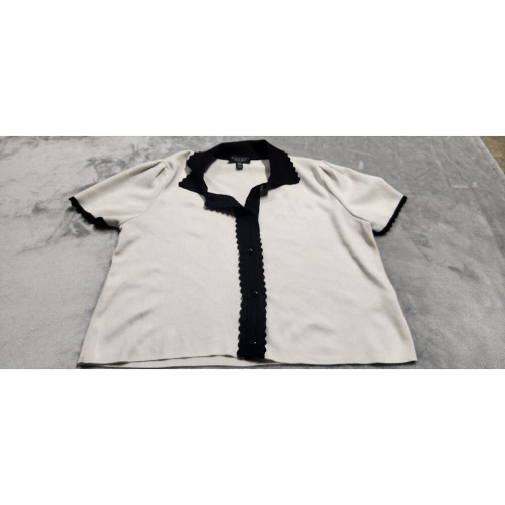 LAUNDRY by Shelli Segal XL White Black Ruffled Button Up‎ Colllared Shirt